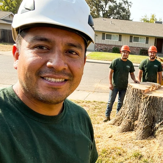 Smiling New Horizon Tree Service crew selfie after removing a large oak in Nashville