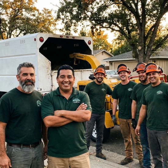 Tree service owner and crew with chip truck on a Nashville street